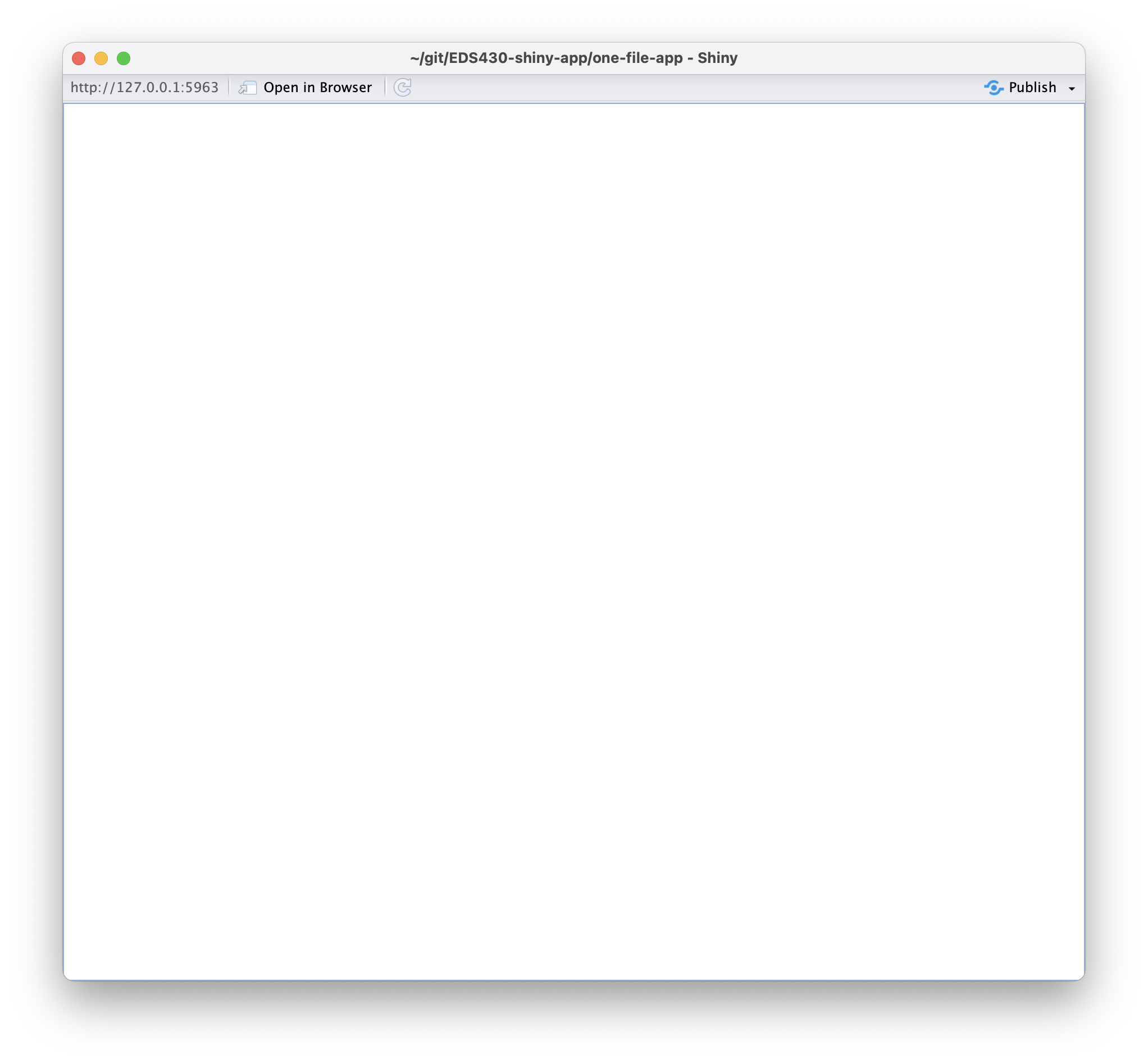 The RStudio viewer showing a running app consisting of only a blank white screen since no elements have been added yet.
