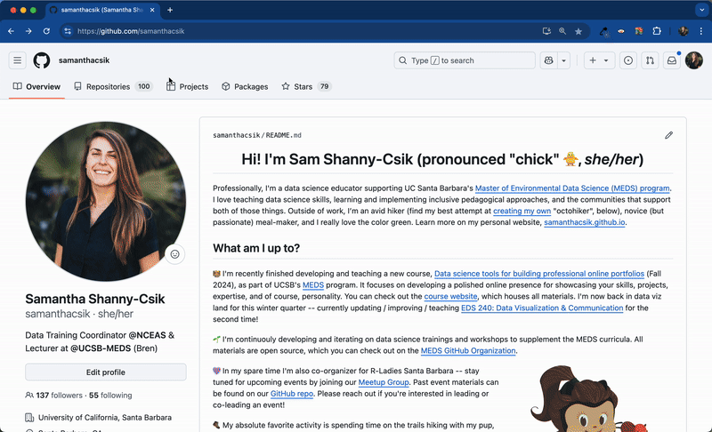 A gif demonstrating how to set up a GitHub repo and how to clone that repo to your computer. Start by clicking on the 'Repositories' tab from your GitHub profile, then click the green 'New' button. Give your repo a name, check the box next to 'Add a README file', Add a .gitigore by choosing 'R' from the drop down menu, then click the green 'Create repository' button. From your repo landing page, click the green 'Code' button, then copy the URL to your clipboard. In RStudio, select 'New Project' from the top left 'Project' button, select 'Version Control', then 'Git', and paste your URL in the 'Repository URL field'. Your repo name should be auto completed in the 'Project directory name:' field, but if not, press the 'Tab' key. Click 'Create Project' to complete the process.