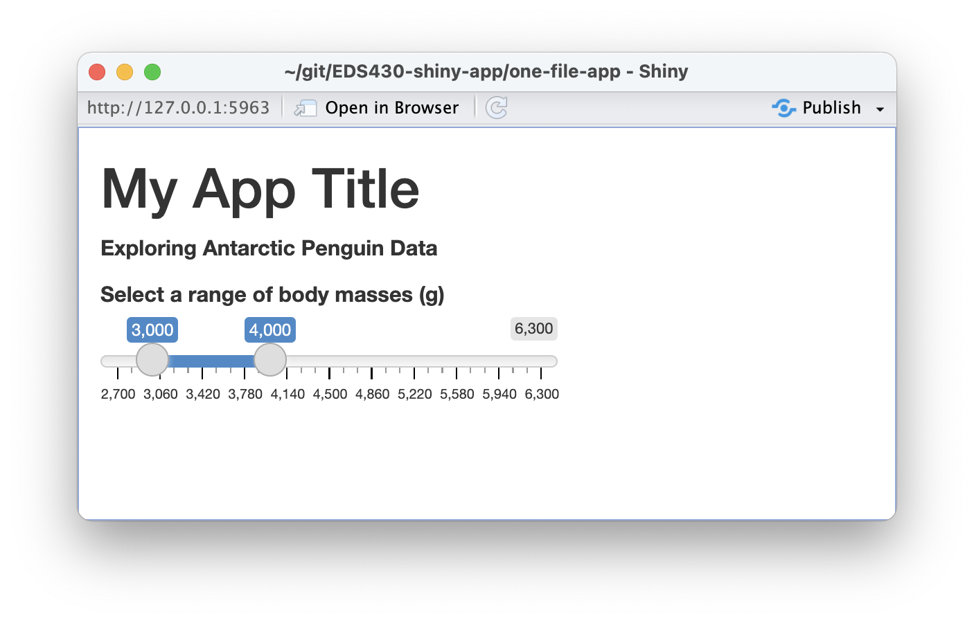 A basic Shiny app, with a title that says 'My App Title', a subtitle that says, 'Exploring Palmer Penguins and Antarctic Temperatures, and a slider input with a label that says 'Select a range of body masses (g)'. The slider bar has a minimum value of 2,700 and a maximum value of 6,300, and the moveable slider selectors currently range from 3,000 to 4,000.
