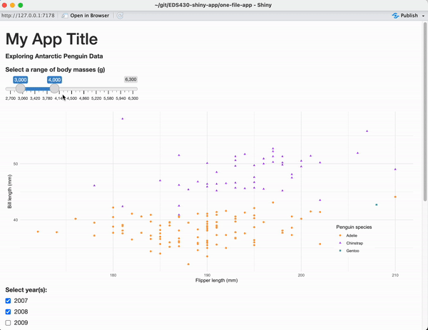 A gif of our first Shiny app. The title, 'My App Title' is in large black text at the top. Underneath, the subtitle, 'Exploring Antarctc Penguin Data' is in smaller black text. Immediately beneath, there is a sliderInput with black text above it that says, 'Select a range of body masses (g). The user is sliding both upper and lower ends to select a range of body masses to display data for. The scatterplot, with Flipper length (mm) on the x-axis and Bill length (mm) on the y-axis, updates accordingly. The user then scrolls down to a DT datatable. Immediately below the first plot is text that says 'Select year(s):' with checkboxes next to the years 2007, 2008, and 2009. The boxes next to 2007 and 2008 are already checked. The user also selects the box next to 2009. The user then uses a drop down menu to display 50 entries (rather than the default 10). The user clicks on the 'bill_length_mm' column to rearrange the data in descending order.