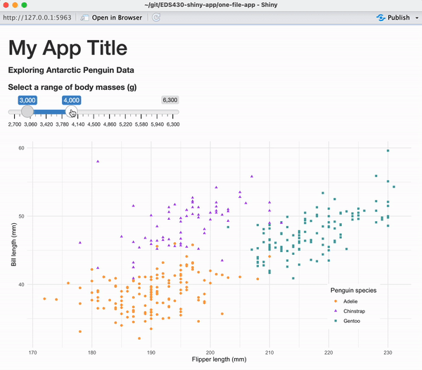 A user changes the sliderInput meant associated with the penguin data scatterplot, but the plot does not update (i.e. it is not yet reactive).