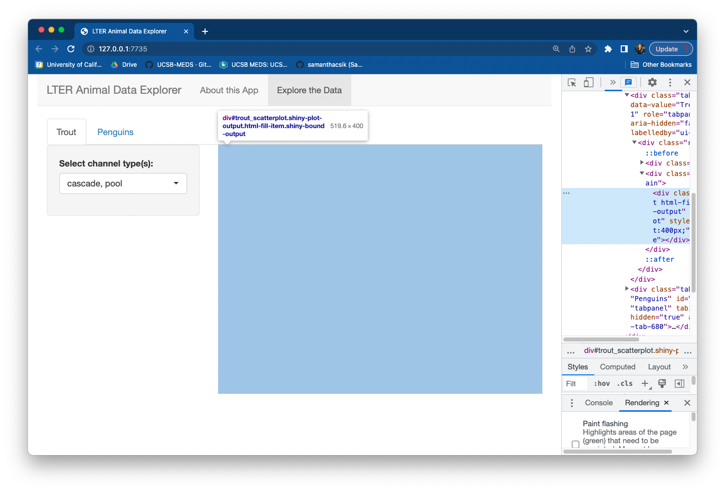 The Trout tab of our app, which contains only a pickerInput with the variables, cascade and pool, selected. There is no visible plot yet, however using Google Chrome's developer tools shows a div (i.e. a box) placeholder where our plot will eventually appear.