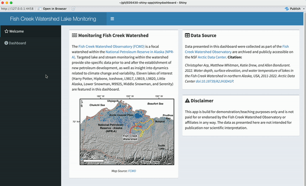 A completed shinydashboard with intro text on the welcome (landing) page, dividing among boxes on the screen, and a map of the area of interest. On the dashboard page, we see three slider widgets in a box on the left-hand side of the page, and a reactive leaflet map on the right-hand side.