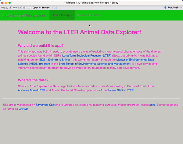 An app with a tan-colored background, lime green navbar, bright pink text, and blue links, showcasing how different components of a shiny app can be modified using the fresh packages.