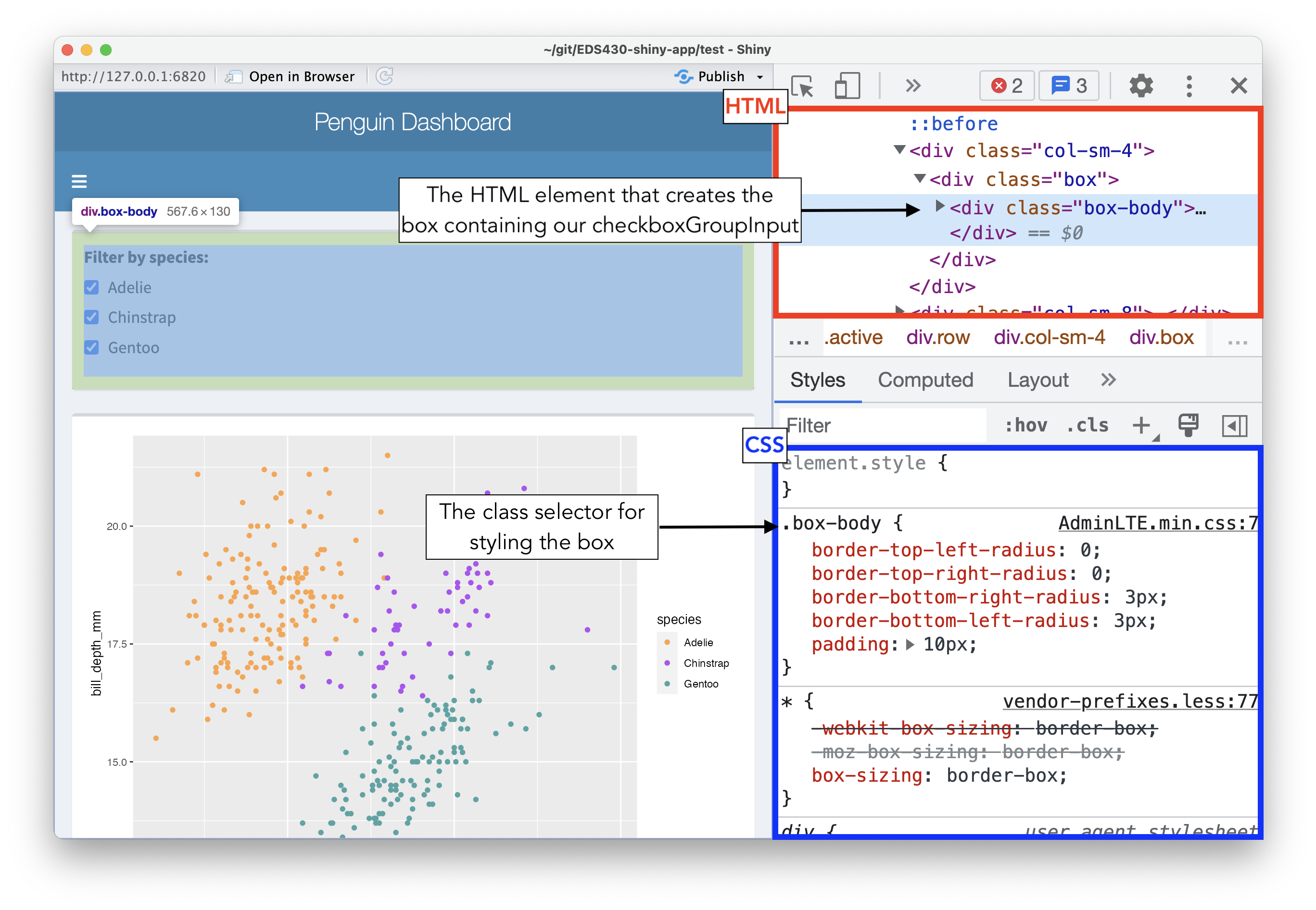 A shiny dashboard, opened in the RStudio viewer, with the Inspect pane open to the right. The top half of the inspect pane shows the underlying HTML and the bottom half shows the underlying CSS styles.
