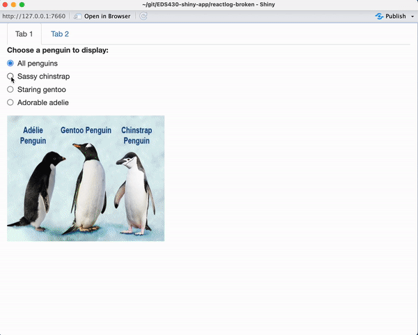 The same shiny app as on the previous slide, but this time when the radioButtons are updated, only the image changes -- no text appears.