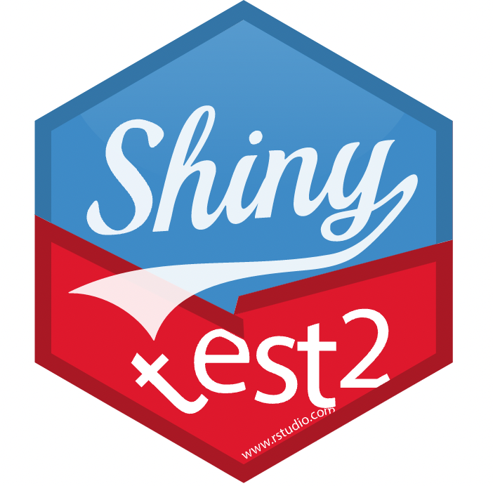 A hex that's split down the middle horizontally. The top half is the blue Shiny hex and the bottom half looks like the red {testthat} hex, except it reads 'test2'.