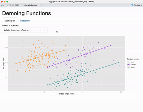 A shiny app with two tabs. The first tab contains a pickerInput that allows the user to select which penguin species they want to visualize data for, along with a scatterplot. The second tab also contains a pickerInput with the exact same penguin species options, along with a histogram.
