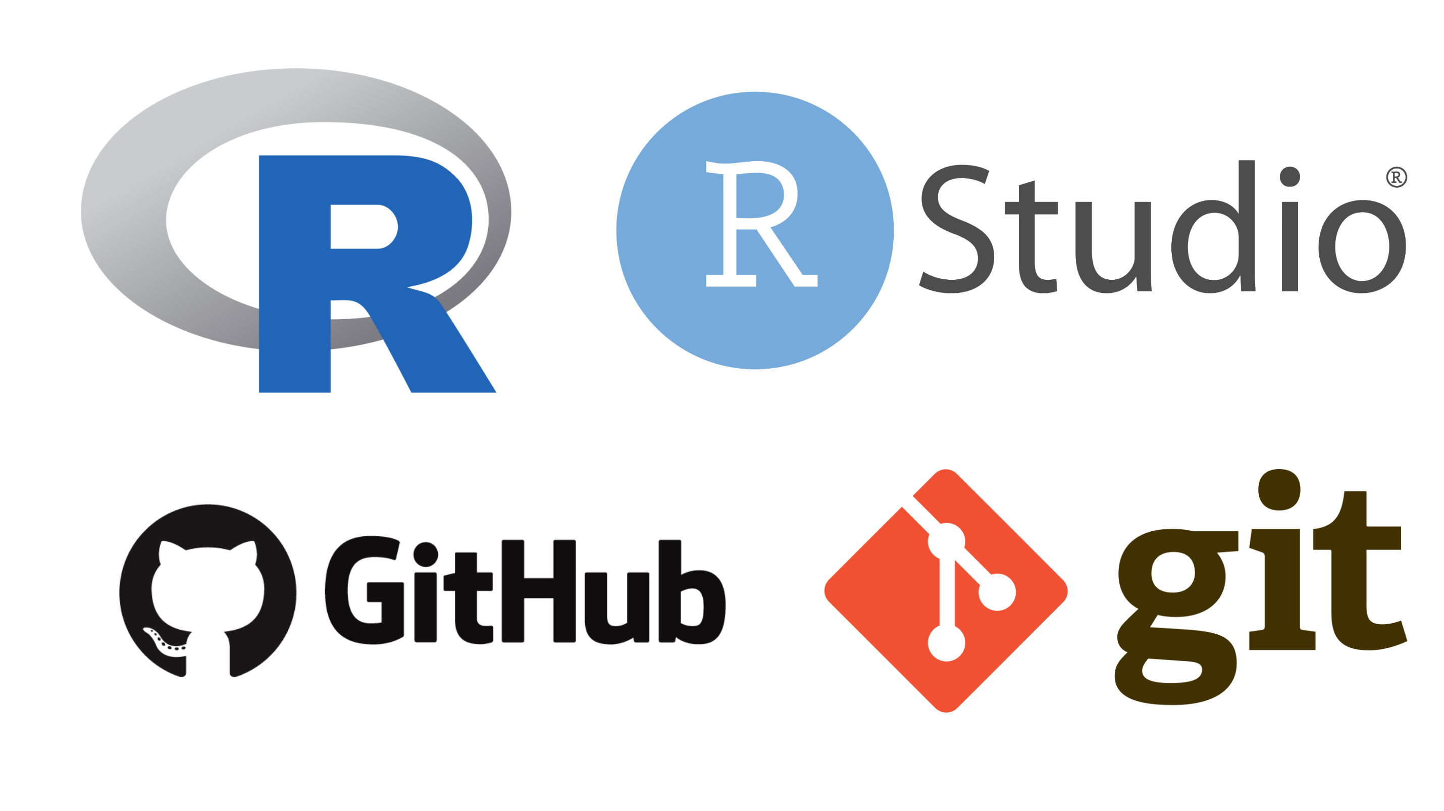 Logos for R Project, RStudio, GitHub, and git