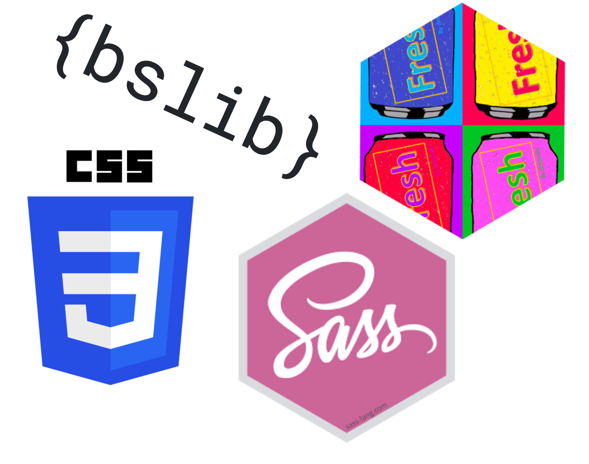 {fresh} and {sass} R package hexes, the logo for CSS 3, and text that reads '{bslib}`