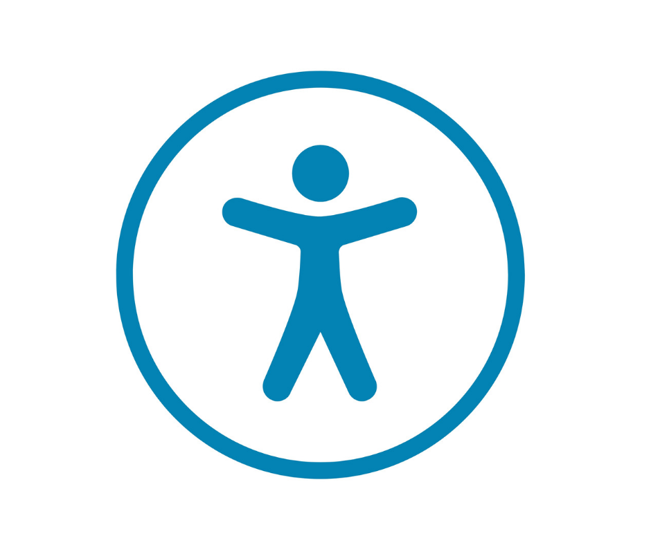 The symbol for universal web accessibilty, a person standing with arms outstretched inside a circle