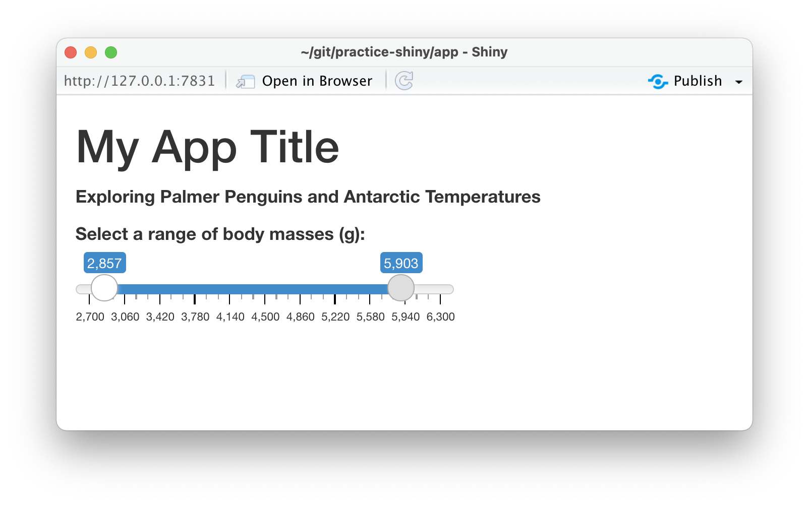 Our Shiny app with just a title, subtitle, and slider input, where the input values are at a minimum of 2,857 and a maximum of 5,903.