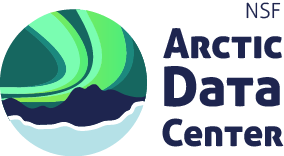 The NSF Arctic Data Center Logo, which is a drawing depicting a blue mountain scape with green Northern Lights overhead.