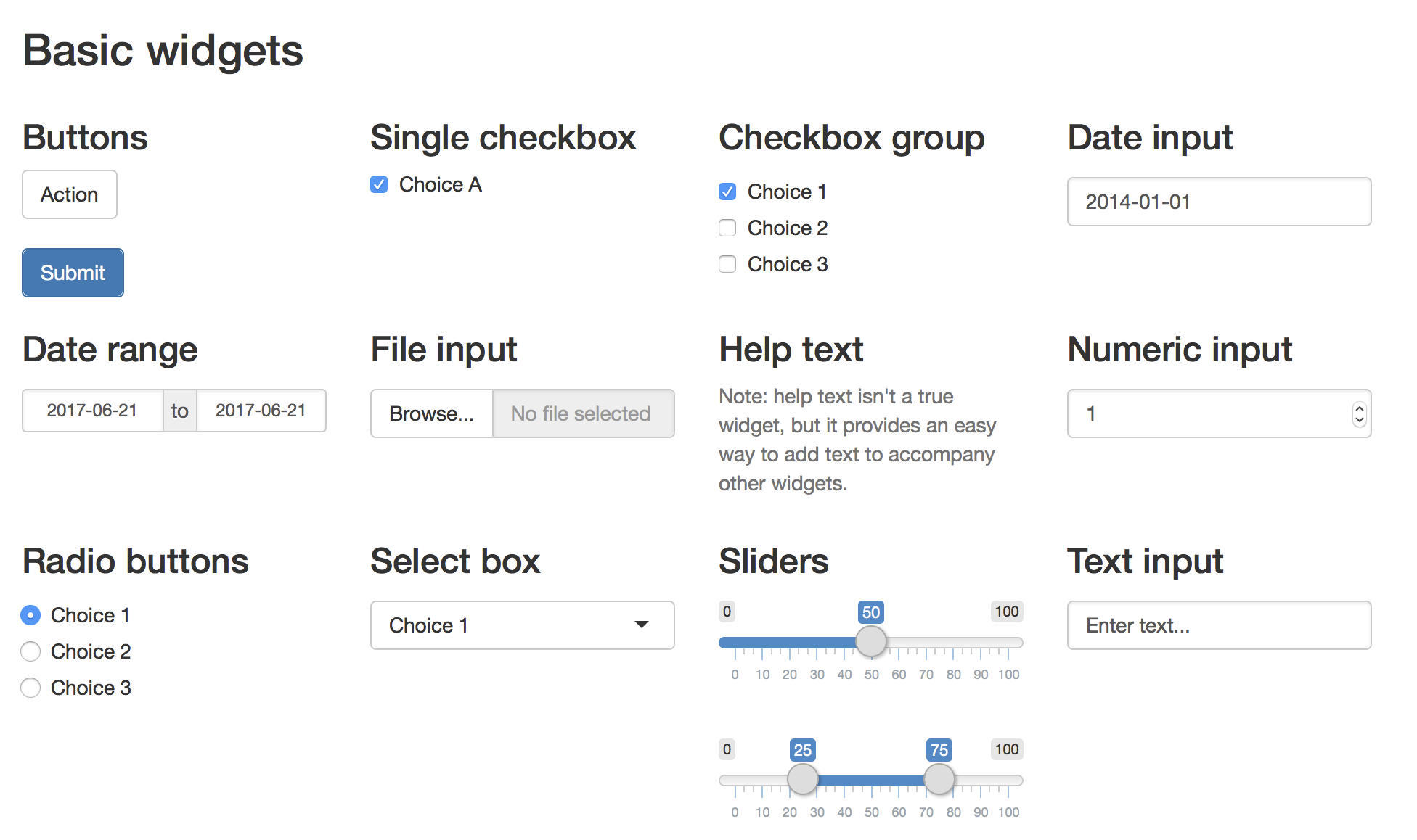 Examples of Shiny's pre-built widget options. These include buttons, single checkbox, checkbox groups, date input, date range, file input, numeric input, radio buttons, select box, sliders, and text input. The default color scheme is black and gray with selections highlighted in blue.