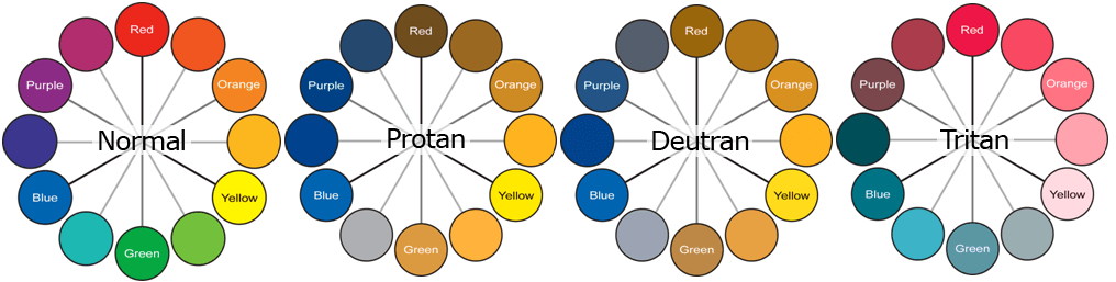 Four color palette wheels showing the difference in perceived colors for those with normal vision, protanopia, deuteranopia, and tritanopia.