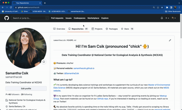 A gif demonstrating how to set up a GitHub repo and how to clone that repo to your computer. Start by clicking on the 'Repositories' tab from your GitHub profile, then click the green 'New' button. Give your repo a name, check the box next to 'Add a README file', Add a .gitigore by choosing 'R' from the drop down menu, then click the green 'Create repository' button. From your repo landing page, click the green 'Code' button, then copy the URL to your clipboard. In RStudio, select 'New Project' from the top left 'Project' button, select 'Version Control', then 'Git', and paste your URL in the 'Repository URL field'. Your repo name should be auto completed in the 'Project directory name:' field, but if not, press the 'Tab' key. Click 'Create Project' to complete the process.