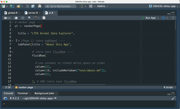 An example of commenting code from the outside in, demoed in RStudio as described above.