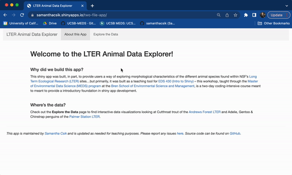 Our shiny app, now hosted at the URL https://samanthacsik.shinyapps.io/two-file-app which functions the same as when it was hosted locally.