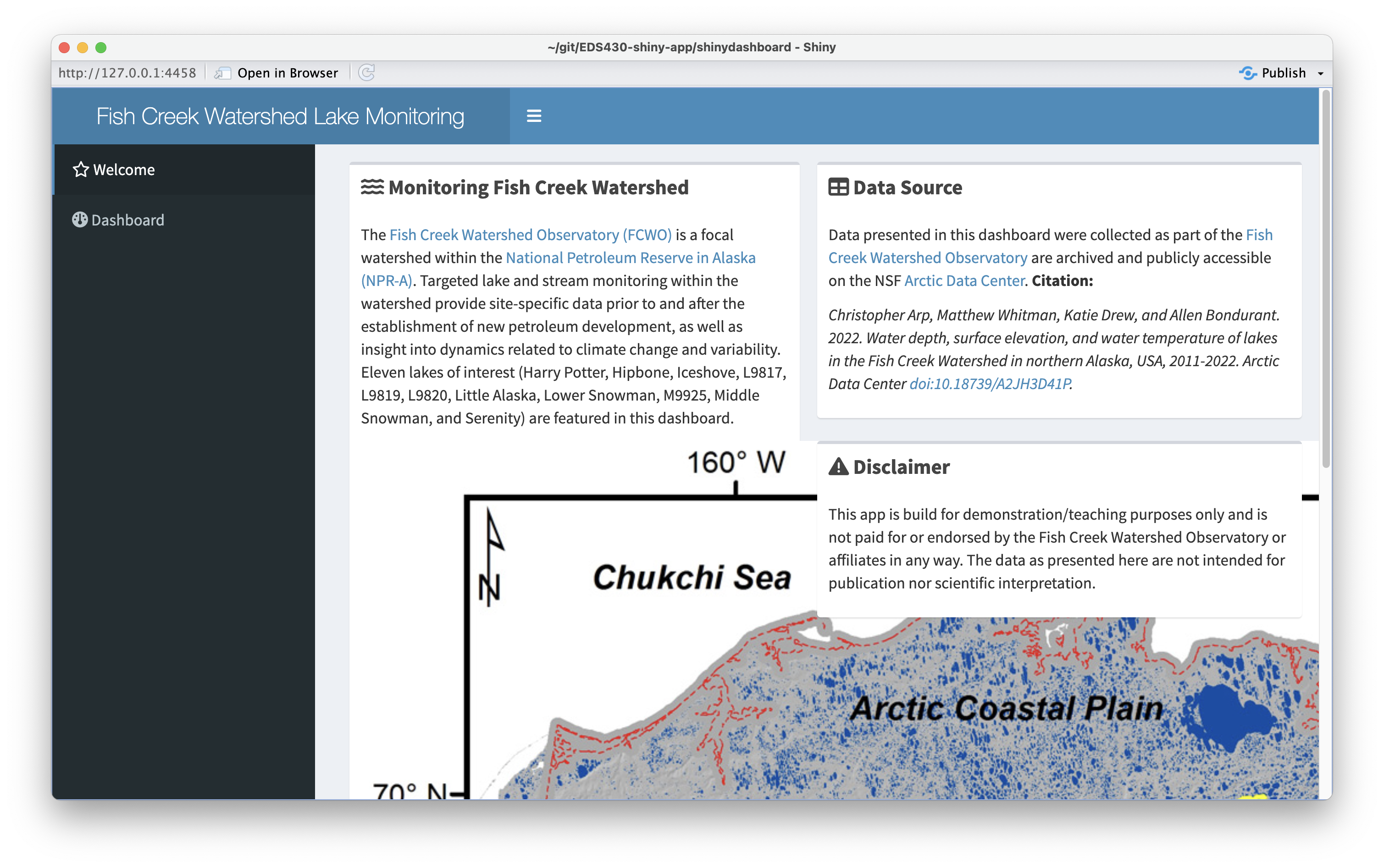 Our Welcome page, with a map of Fish Creek Watershed beneath the intro text. The image is extremely large, spilling out of the box and across the page.