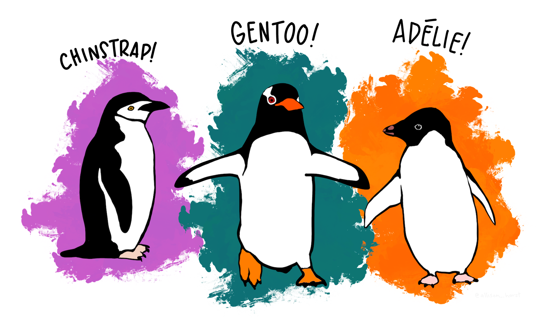 A cartoon drawing of Chinstrap (atop a purple background), Gentoo (atop a green background) and Adélie (atop an orange background) penguins.