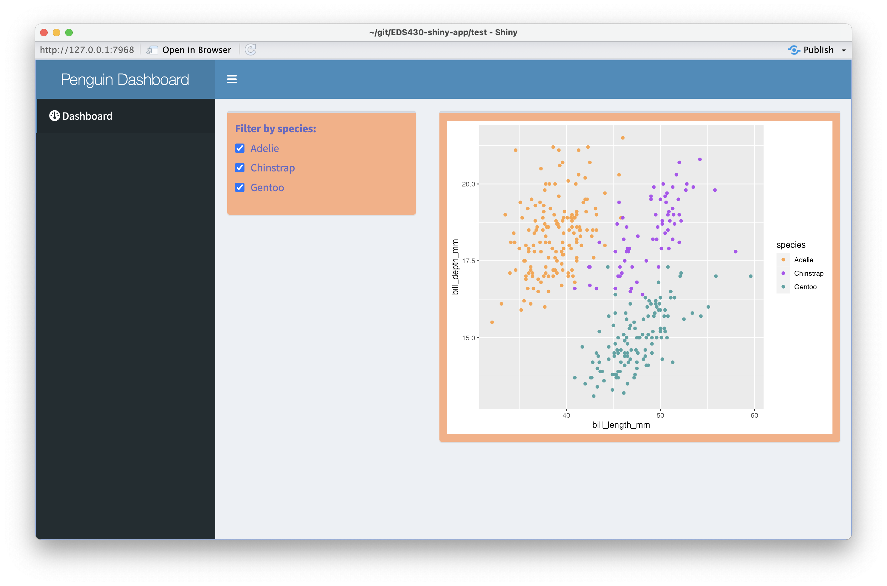 An example shinydashboard with default colors (light blue dashboardHeader, dark blue dashboardSidebar, gray/blue dashboardBody) and two boxes, one containing a checkboxGroupInput and the other containing a scatterplot -- the box colors are colored orange, rather than the default white.