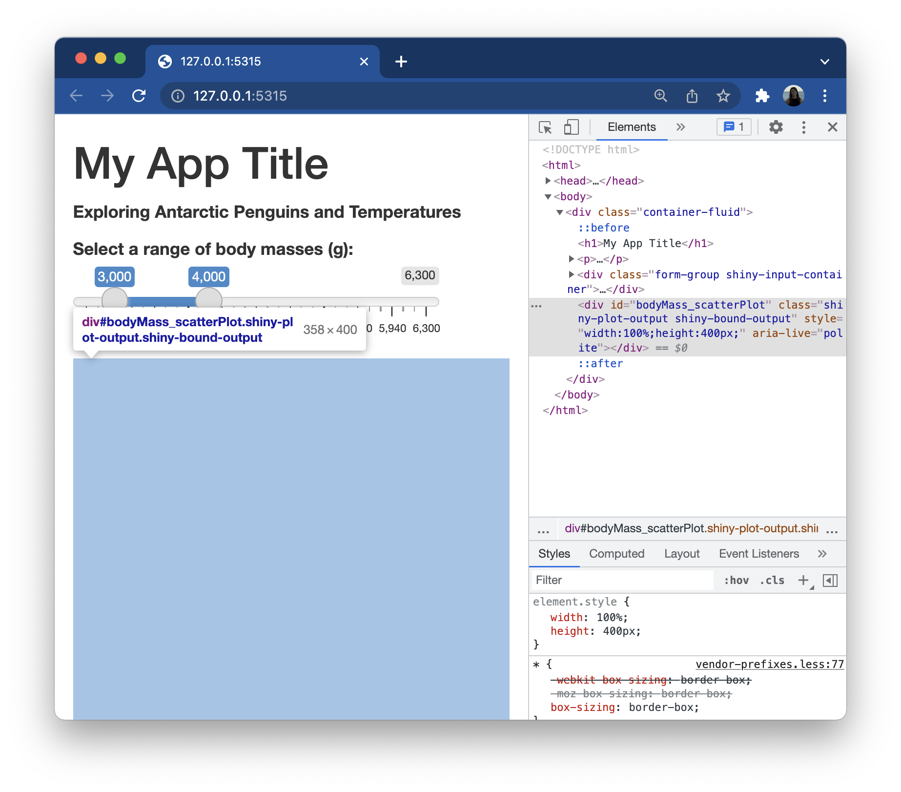 A Google Chrome browser window with our Shiny app open on the left-hand side and the underlying HTML document open on the right. The app looks the same as before, except hovering over the HTML associated with our new plotOutput highlights a blue square region beneath the sliderInput. This highlighted region is the placeholder where our plot will eventually be rendered.