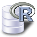 The R language logo overlaid on top of a database stack -- often used to represent the rds data file format.