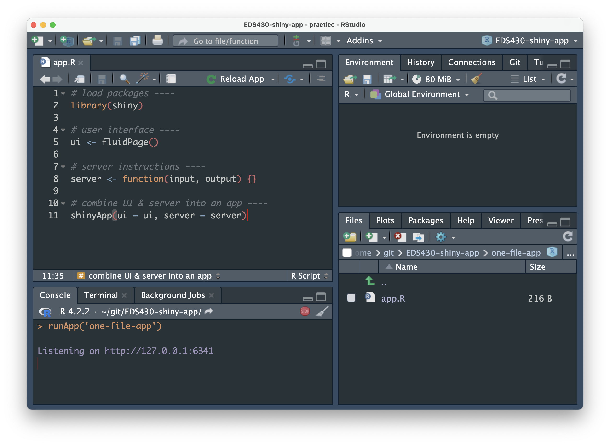 RStudio running our blank app. In the console, we see the text 'Listening on http://127.0.0.1:6341' and a red stop sign indicating that RStudio is busy.
