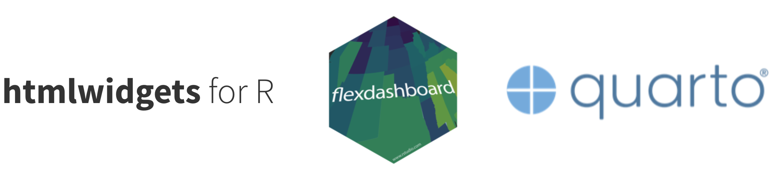 Logos for htmlwidgets, flexdashboard, and quarto.