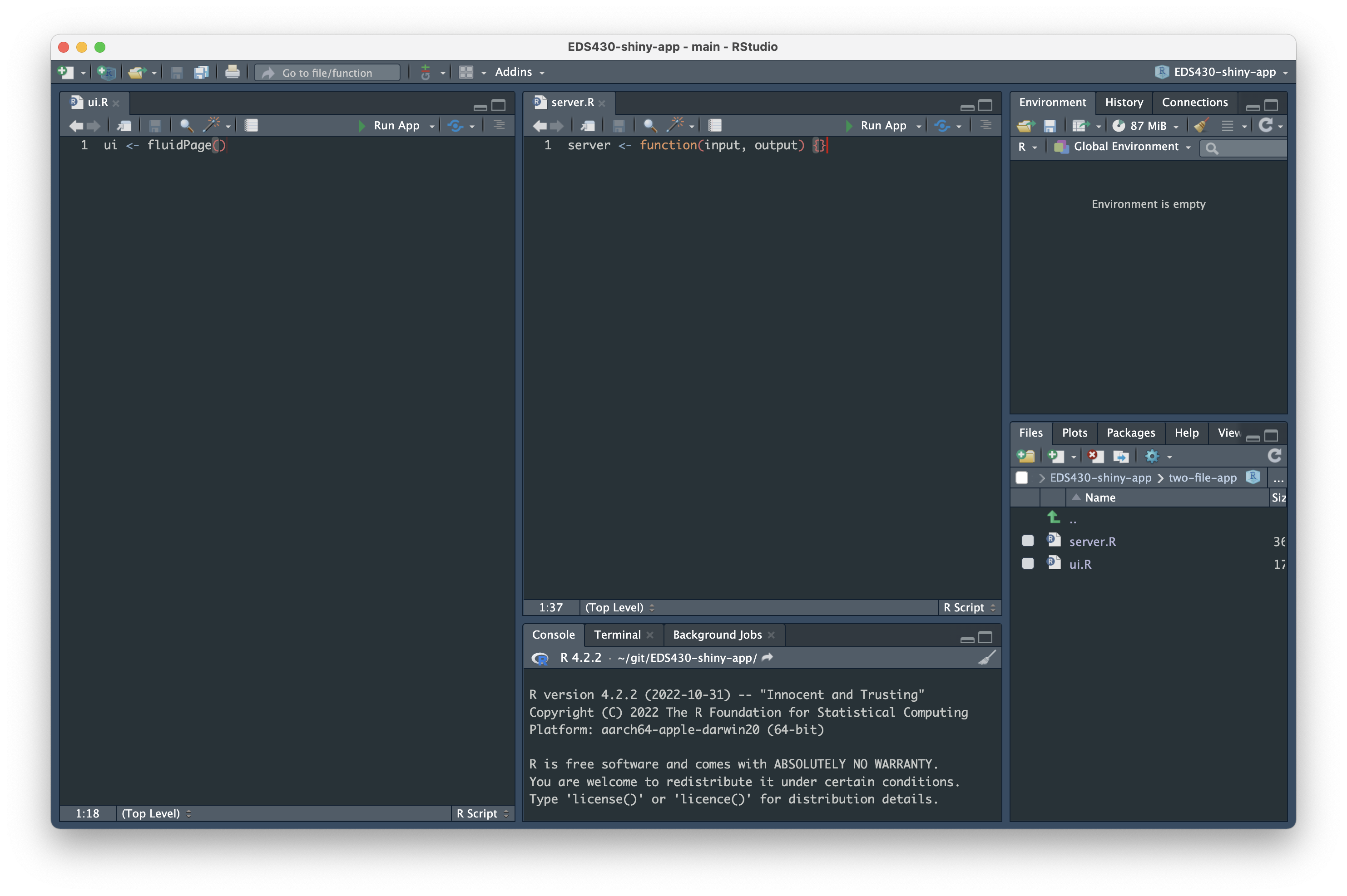 RStudio with three columns. (From left to right): (1) a source pane with `ui.R` open (2) a second source pane on the top with `server.R` open and the console on the bottom, (3) Environment/History/Git/etc. on the top and Files/Plots/Packages/etc. on the bottom