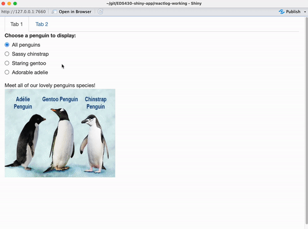 A functioning shiny app with two tabs. The first tab has radioButtons that when selected, update the penguin image and description text. The second tab has a sliderInput and scatterplot.